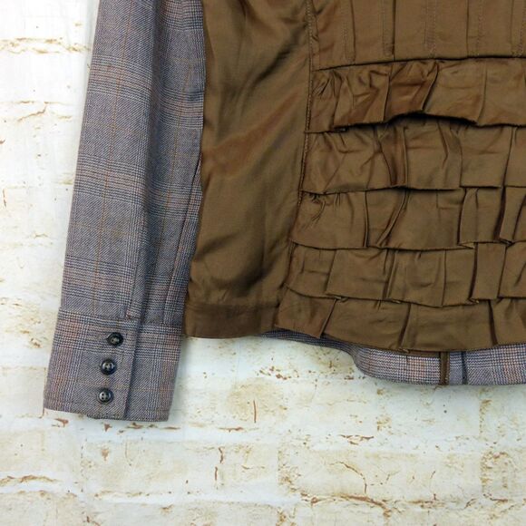 Free People Jacket Size 2 Brown Plaid Wool Button Pin Tuck Ruffle Back Military - Picture 7 of 13